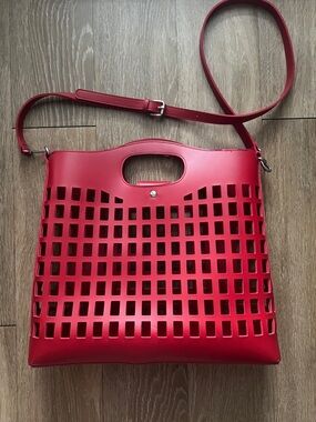 Red Laser-Cut Tote Crossbody Bag - Contemporary Women’s Handbag